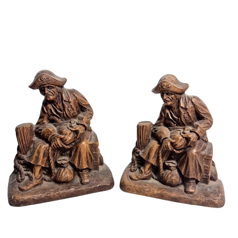Vintage 1940-50 Syroco Wood Carved Figural Pirate Bookends Set of 2 Marked